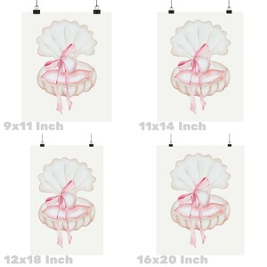 May include: Watercolor illustration of a seashell with a pearl and pink ribbon. The image is available in 9x11 inch, 11x14 inch, 12x18 inch, and 16x20 inch sizes. The artwork features a soft, pastel color palette.
