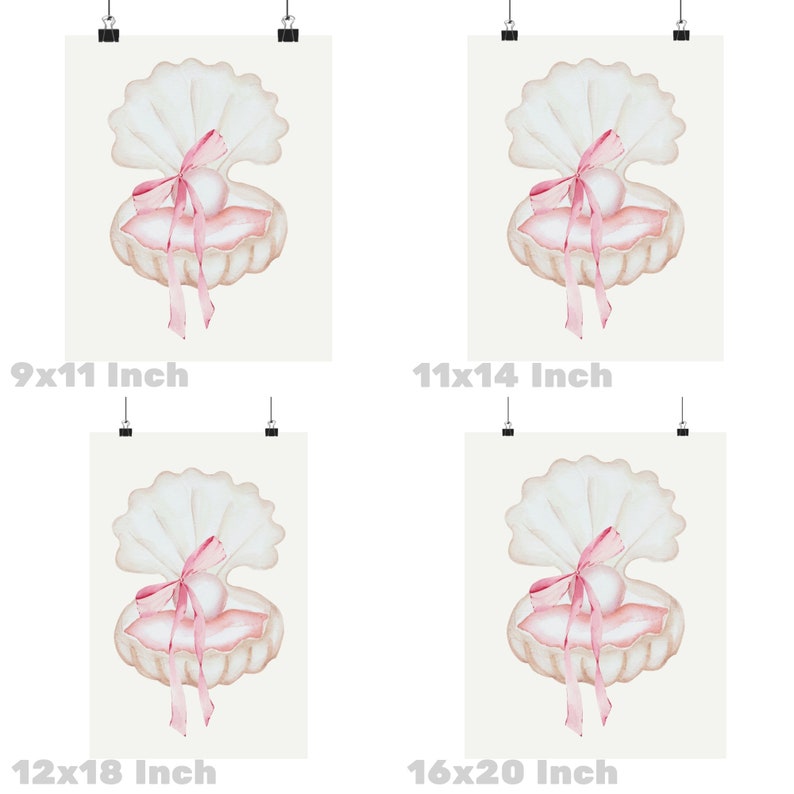 May include: Watercolor illustration of a seashell with a pearl and pink ribbon. The image is available in 9x11 inch, 11x14 inch, 12x18 inch, and 16x20 inch sizes. The artwork features a soft, pastel color palette.