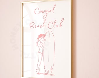 Coastal Cowgirl Digital Prints, Trendy Retro Pink Cowgirls Beach Club Print, Western Printable Posters, Beachy Wall Art, College Apartment