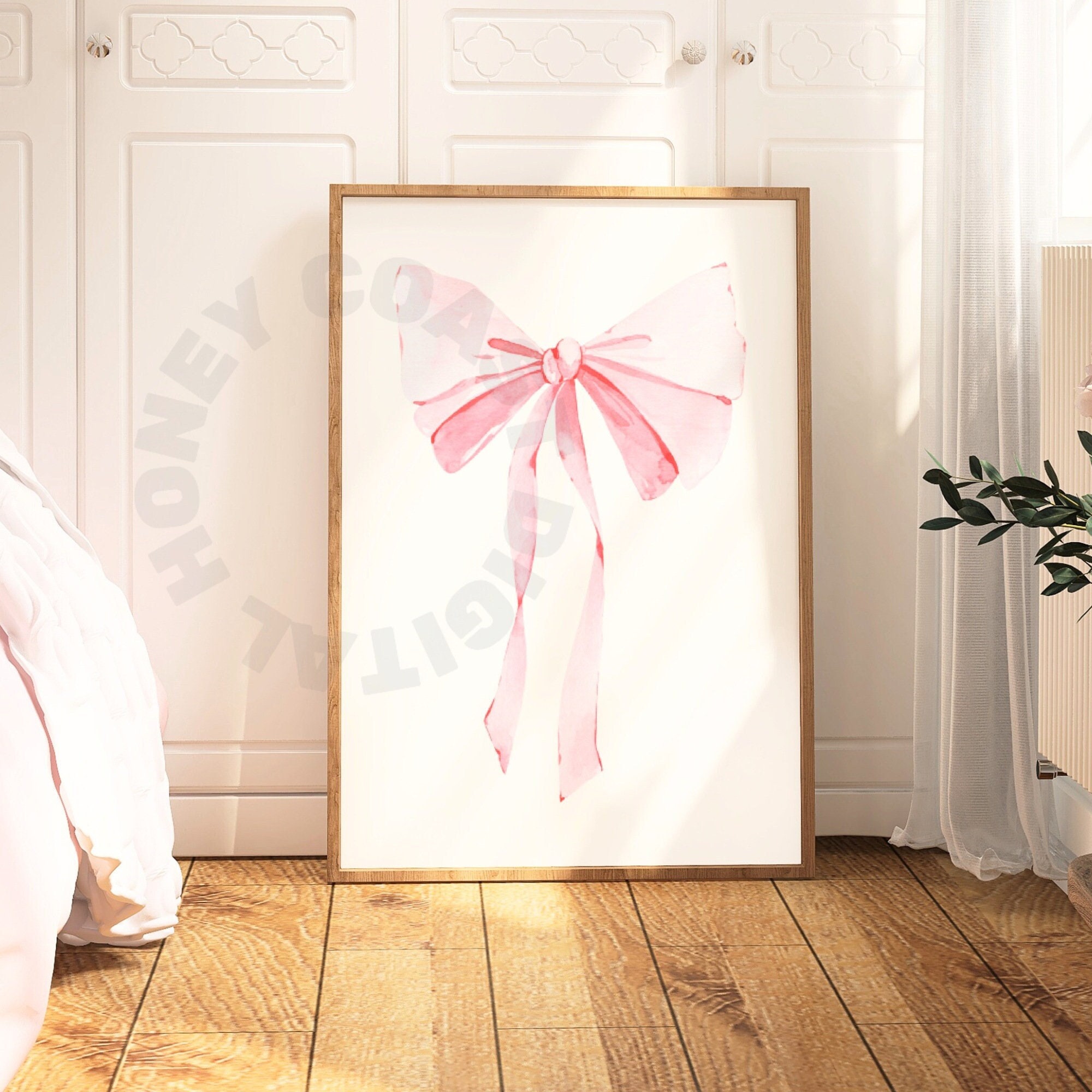 Coastal Grandmother Vintage Hair Bow Digital Print, Coastal Cowgirl Aesthetic Watercolor Retro Wall Art, Coastal Pink Granddaughter Decor