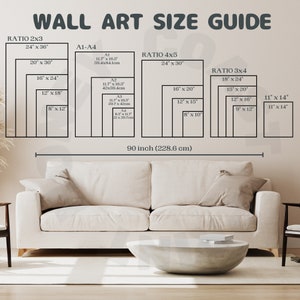 May include: Wall art size guide with various print ratios and dimensions in inches. Includes sizes like 24" x 36", 20" x 30", and 16" x 24". The guide also shows A1-A4 sizes with measurements in centimeters.