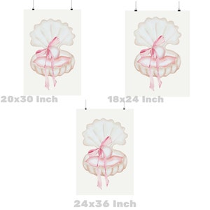 May include: Watercolor art prints featuring a seashell with a pearl and pink ribbon. The prints are available in three sizes: 20x30 inch, 18x24 inch, and 24x36 inch. The artwork has a soft, pastel color palette.