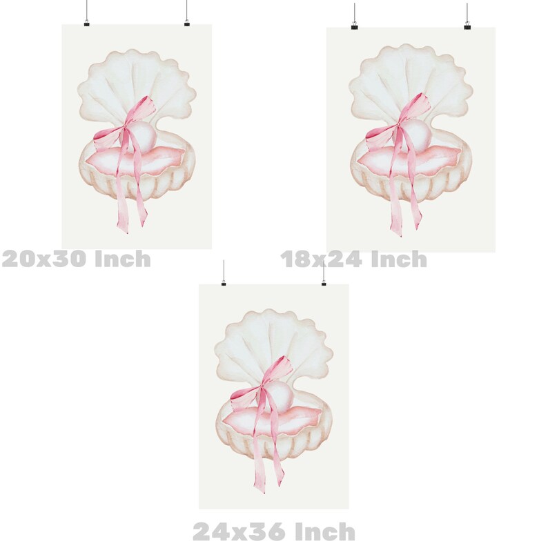 May include: Watercolor art prints featuring a seashell with a pearl and pink ribbon. The prints are available in three sizes: 20x30 inch, 18x24 inch, and 24x36 inch. The artwork has a soft, pastel color palette.