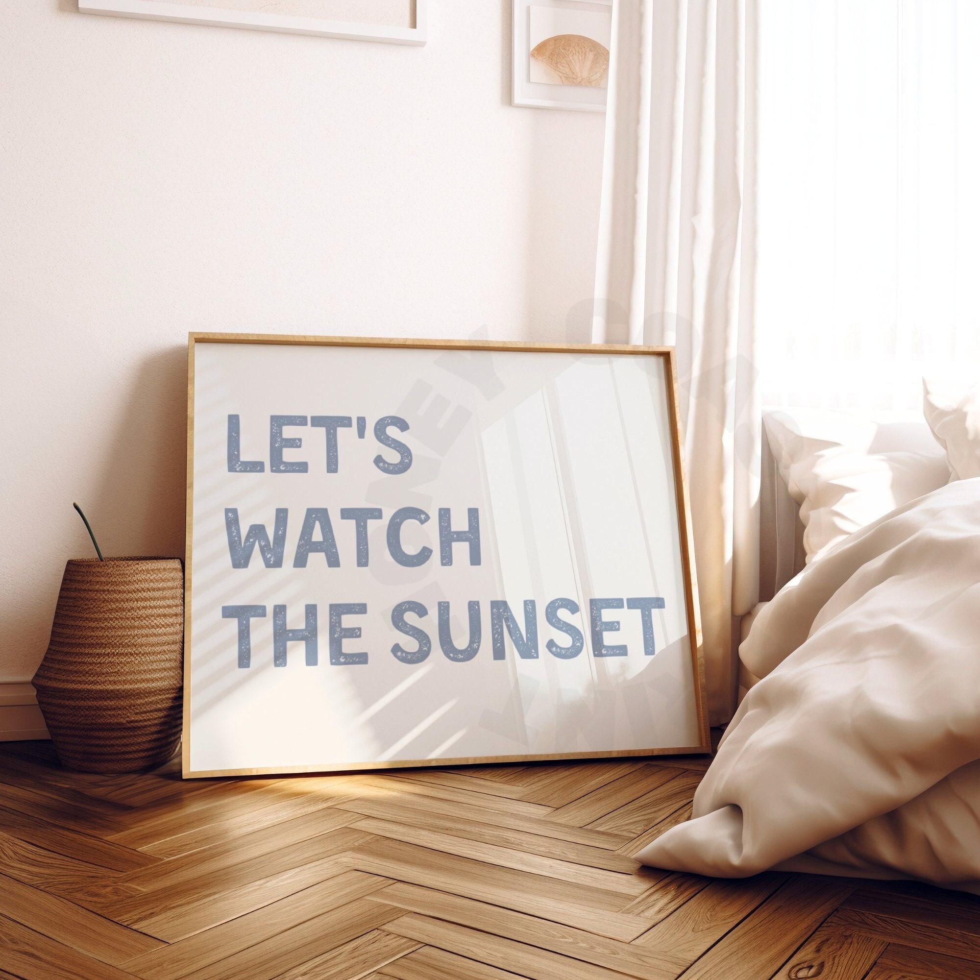Landscape Lets Watch The Sunset Typography Digital Print In Coastal Blue, Trendy Coastal Cowgirl Printable Poster, Western Cowboy Wall Art