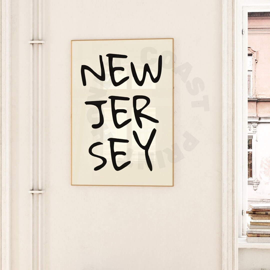 New Jersey State Typography Digital Print in Vintage Black, Trendy