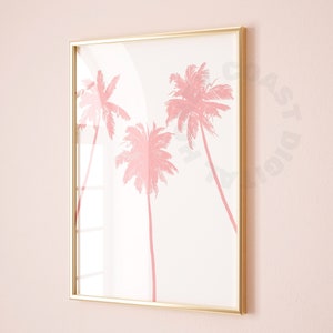 Cartel imprimible de vaquera costera rosa de moda, impresiones digitales de palmeras, arte de pared de surfista femenina del sur, impresión de la costa oeste, apartamento universitario