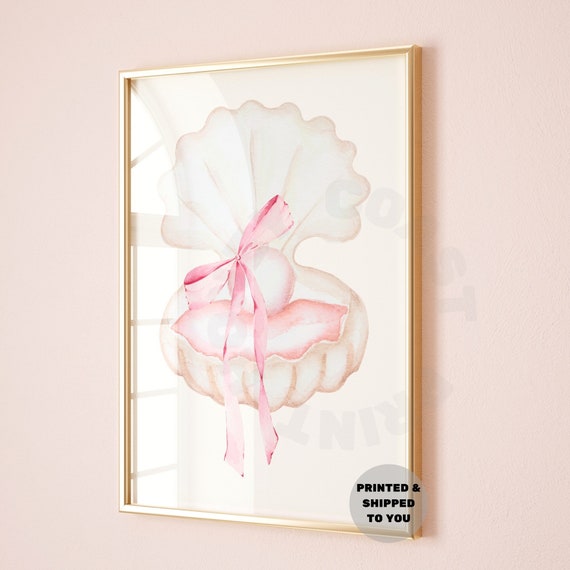 Watercolor Pearl Seashell With Soft Girl Coquette Pink Bow Print, Coastal Cowgirl Wall Art, Vintage Coastal Grandma Poster Shipped Printed