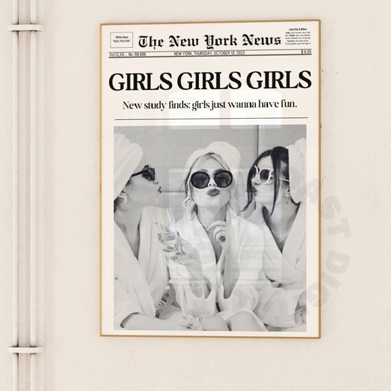 Girls Girls Girls Retro Newspaper Poster, Trendy Typography Print