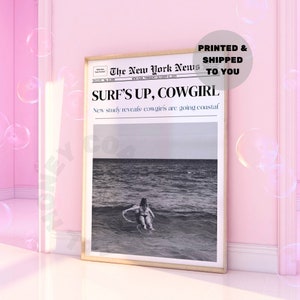 Trendy Coastal Cowgirl Poster, Surfs Up Cowgirl News Print, New York News Dorm Room Wall Art, Western Newspaper Prints, Bar Cart Wall Art
