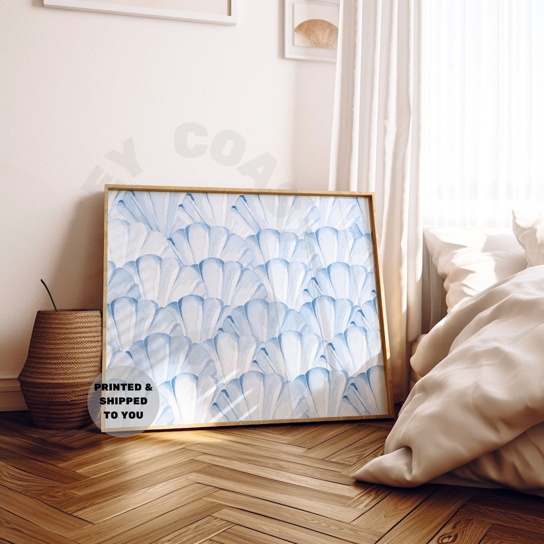 Landscape Watercolor Seashells Print In Pastel Blue, Trendy Vintage Coastal Grandmother Poster Printed Shipped, Coastal Cowgirl Wall Art - 36″ x 24″