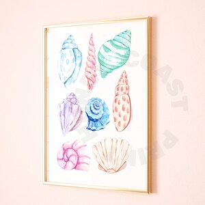 Watercolor Pastel Seashells Digital Print, Trendy Vintage Coastal Grandmother Printable Poster, Coastal Cowgirl Wall Art, College Apartment