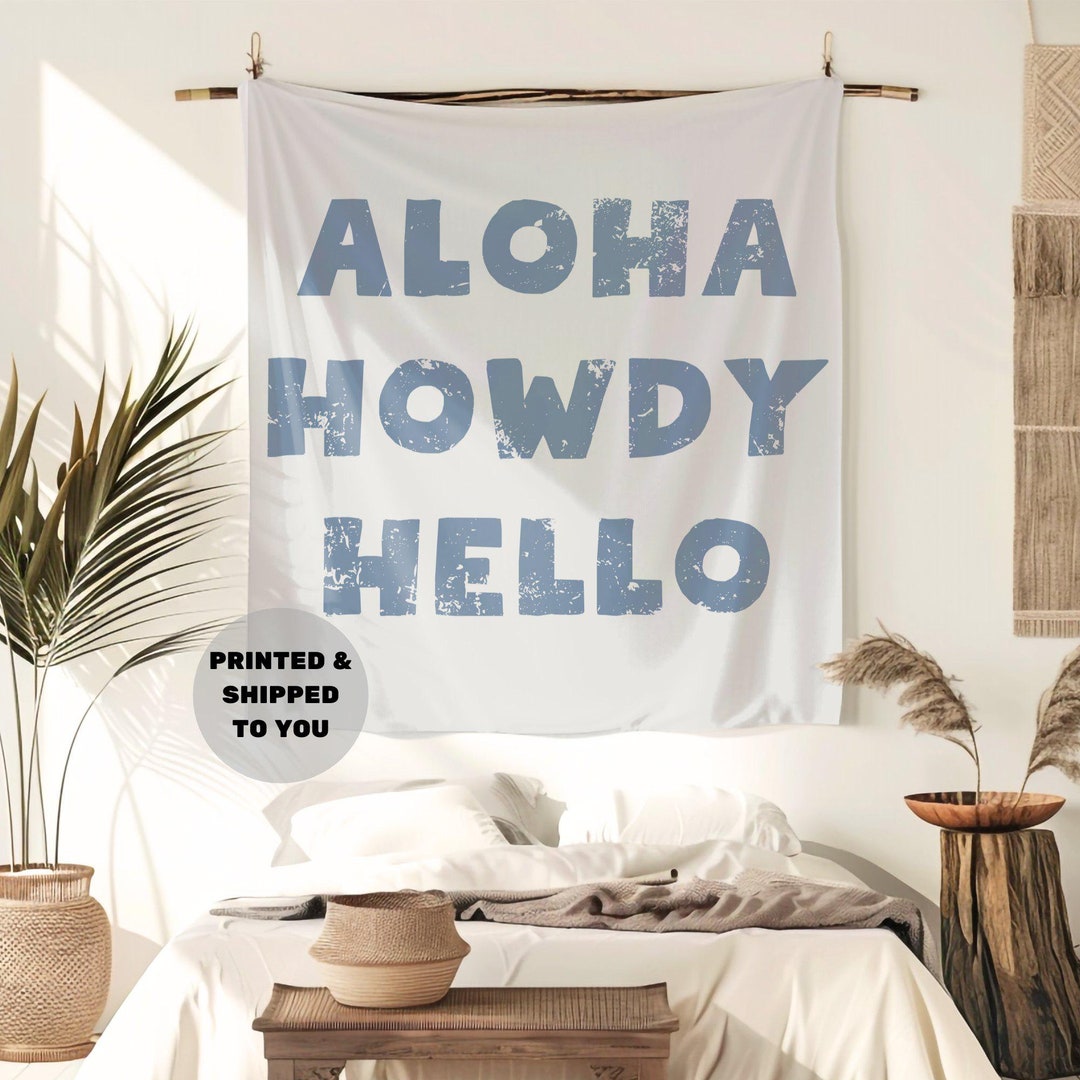 Coastal Blue Aloha Howdy Hello Typography Tapestry, Coastal Cowgirl ...