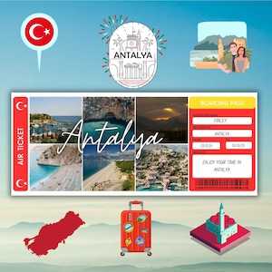 Billete de avión personalizado para Antalya, ideas de regalos personalizados para Turquía, vacaciones en Antalya, Turquía
