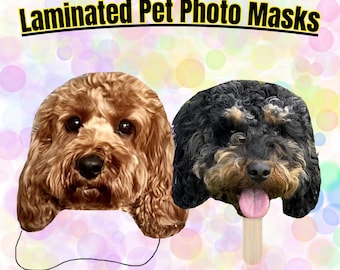 Laminated Personalised Pet Photo cut-out face masks, Dog Cat Mask, hen do, stag do, birthday accessory, wedding party accessories