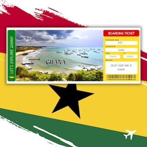 Billet d'embarquement personnalisé pour le Ghana, billet d'avion pour le Ghana imprimé personnalisé
