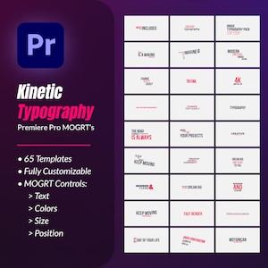 Puede incluir: Gráfico promocional para Premiere Pro MOGRT's, con plantillas de tipografía cinética. El diseño incluye elementos de texto como "Kinetic Typography" y "65 Templates". La combinación de colores es una mezcla de morado, blanco y rojo.