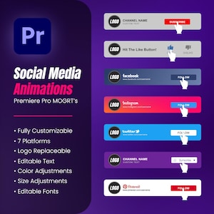 Social Media Lower Thirds for Premiere Pro, MOGRT Files, Follow, Subscribe, Like Animations for Youtube, Instagram, Facebook, TikTok, Twitch