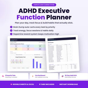 Planificador de TDAH en Google Sheets y Excel para el seguimiento de las funciones ejecutivas (plantilla digital)