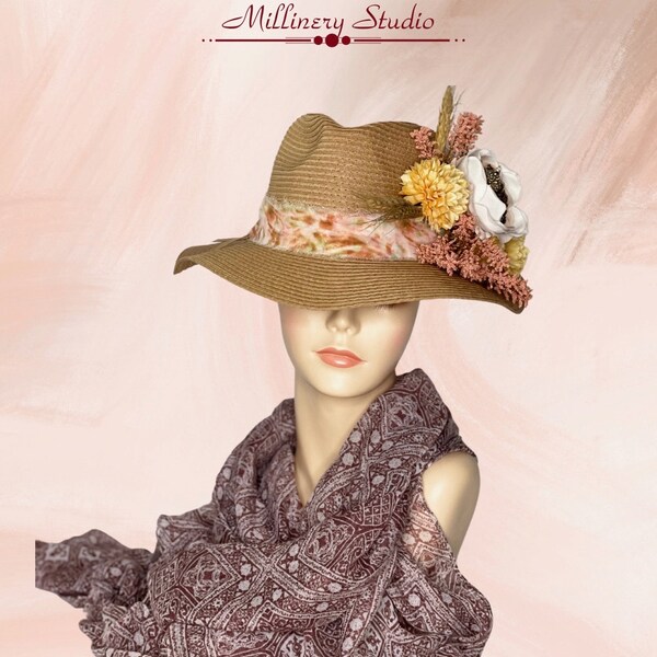 Custom Hat, Kentucky Derby,  Bolero Hat, Sun Hat, Boho, w/ horse brooch and peach and blush accents. Perfect for spring, summer or fall.