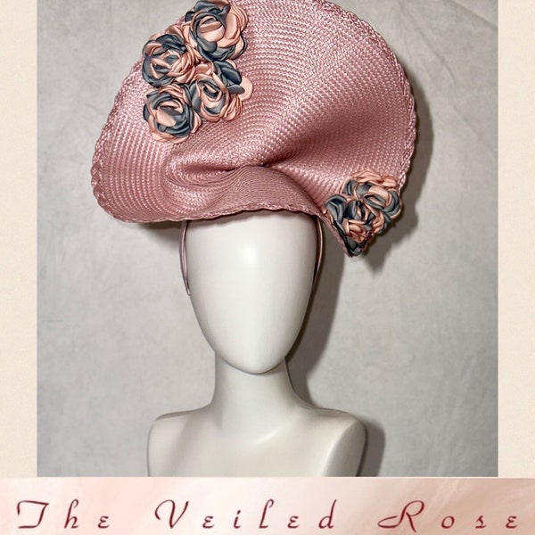 Mauve Pink & Blue Kentucky Derby Fascinator  Church Special Occasion Hat - Light Pink with blue floral accent and Satin headband.