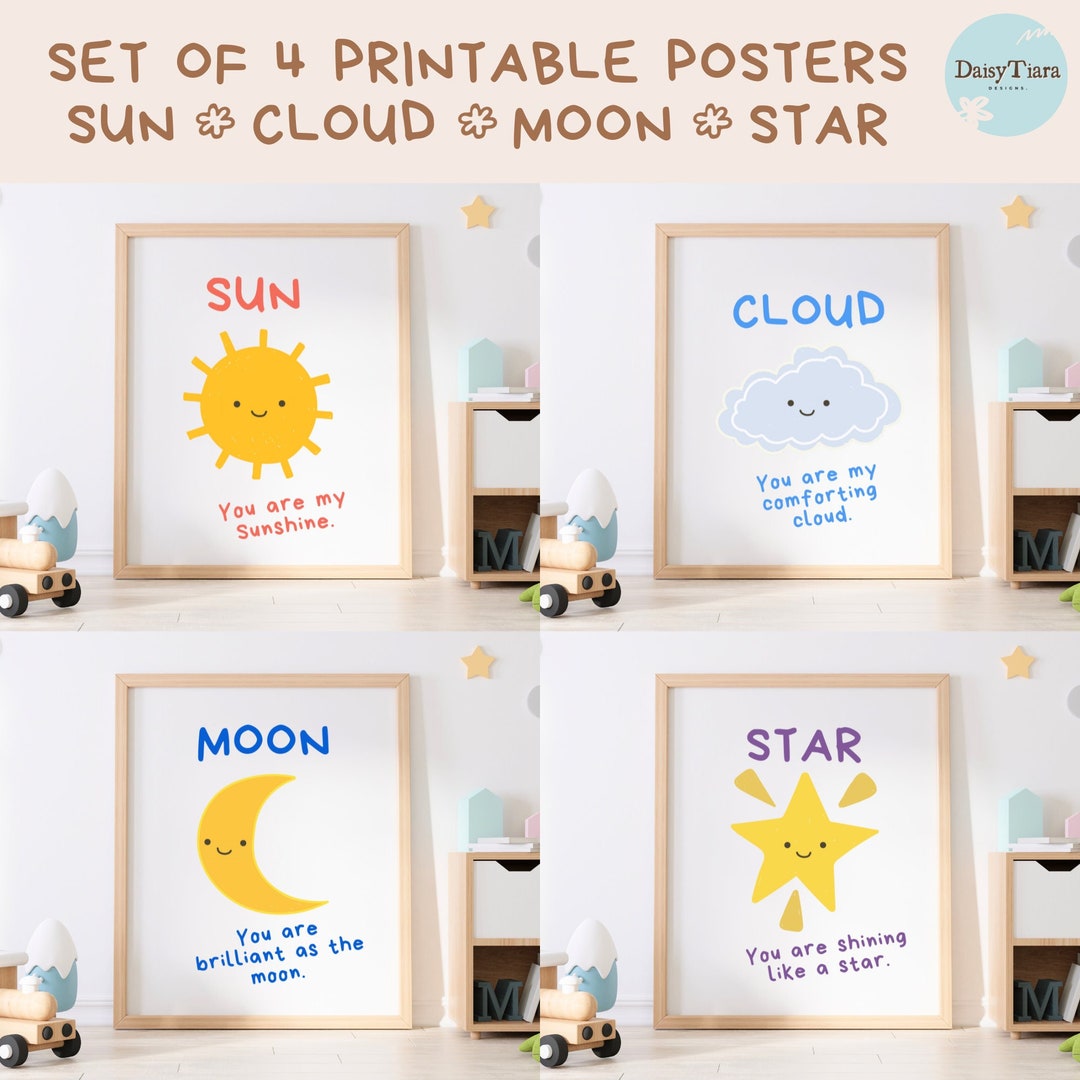 Sun Moon Cloud Star Nursery Digital Print Posters - Celestial Kid Wall ...