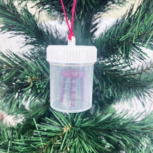 Può includere: Un contenitore di plastica trasparente con un coperchio bianco e una sedia rossa all'interno. Il contenitore è graduato in millilitri, da 10 a 50. Il contenitore è appeso a uno spago rosso, il che suggerisce che sia un ornamento natalizio.