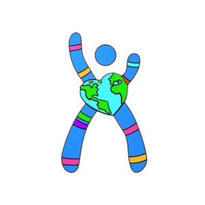 May include: A blue stick figure with a heart-shaped Earth in the center. The figure has raised arms and is outlined in black. The Earth is green and blue with white continents. The heart is outlined in red.