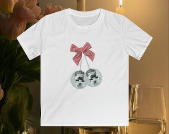 Cherry disco ball bow graphic print baby tee shirt | Y2K girlcore coquette aesthetic tshirt | red gingham ribbon