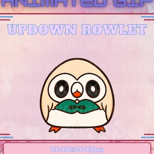 May include: Animated GIF of a brown and white owl Pokemon character with green eyes, a red beak, and a green leaf in its talons. The character is moving up and down. The text "Updown Rowlet" is above the character and the text "2048x2048px Kyouyuma" is below the character.