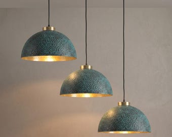 Handmade Green Patina Copper Pendant Light, Hammered Brass Dome Ceiling Lamp, Moroccan Kitchen Island Lighting, Vintage Industrial Light