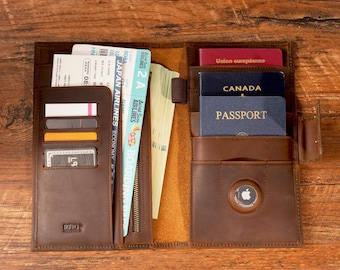 Personalized Leather AirTag Passport Holder, Travel Gift, Passport Wallet