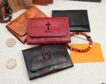 Personalized Leather Rosary Pouch: Engraved Prayer Bead Case