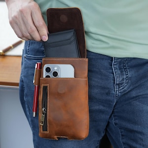 Support de téléphone en cuir personnalisé, Pochettes de ceinture à outils en cuir avec passant de ceinture, Pochette de ceinture à fermeture magnétique, Grand sac banane, Cadeau pour papa