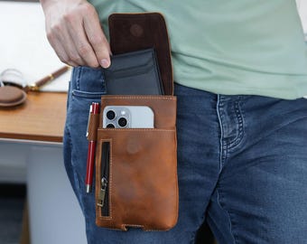 Personalized Leather Phone Holster: Magnetic Tool Belt Pouch