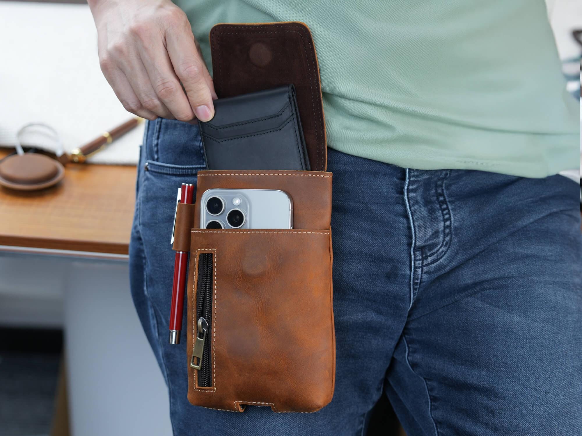 Personalized Leather Phone Holster: Magnetic Tool Belt Pouch