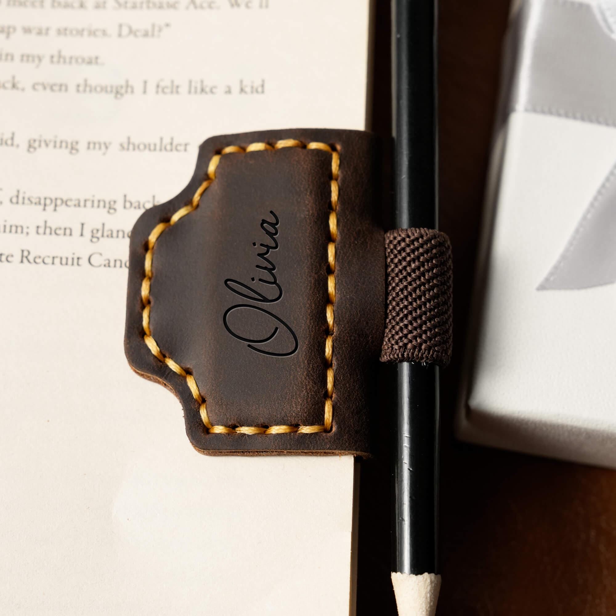 Personalized Leather Magnetic Bookmark with Pen Clip: Handmade Reader Gift