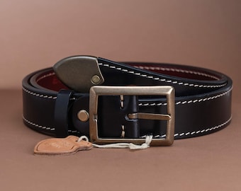 Men's Reversible Bison Leather Belt, Hand-Stitched, Black and Brown, Solid Brass Buckle, 1.5-Inch Wide