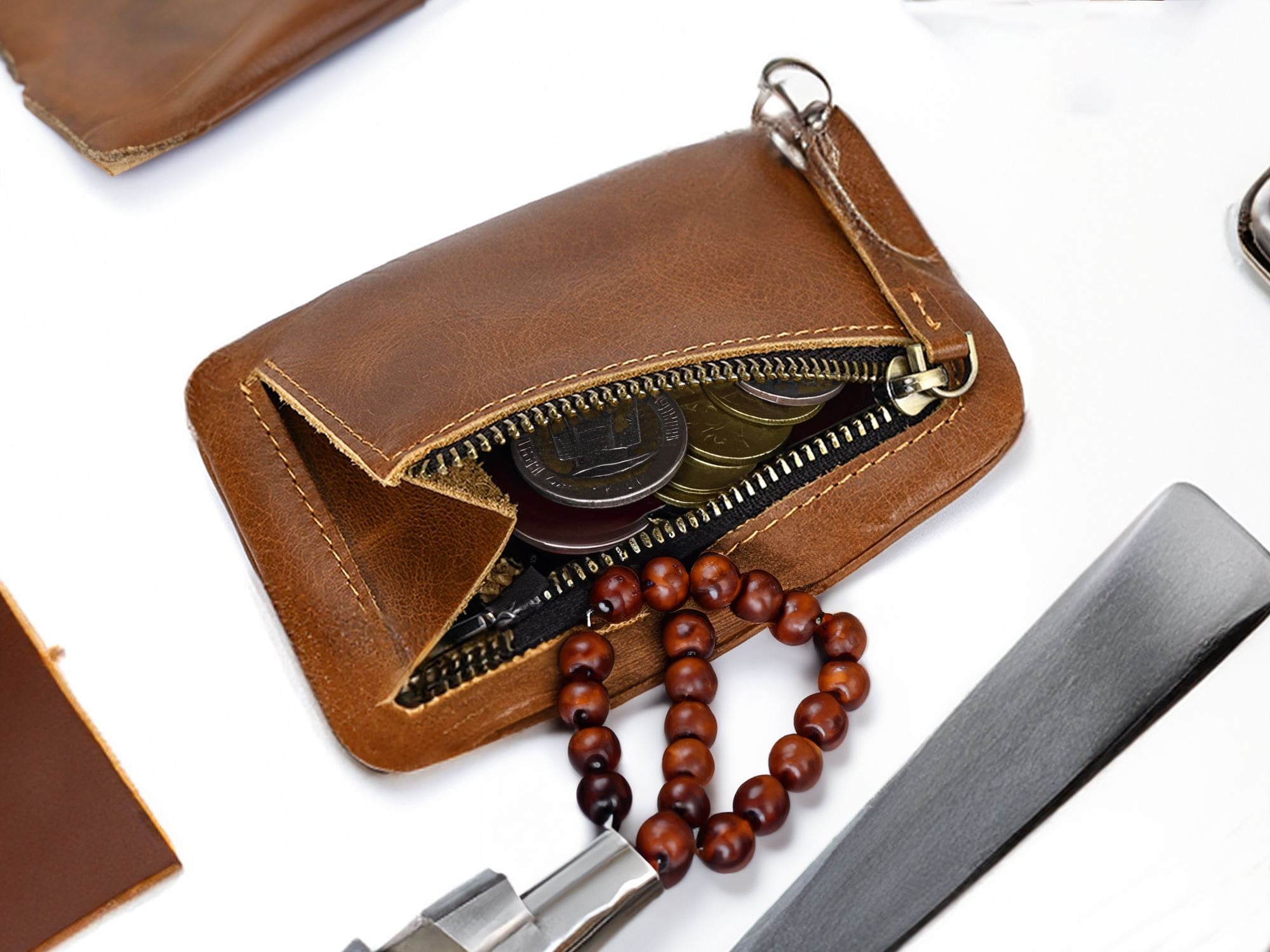 Personalized Leather Rosary Pouch: Zippered Coin Purse, Religious Gift