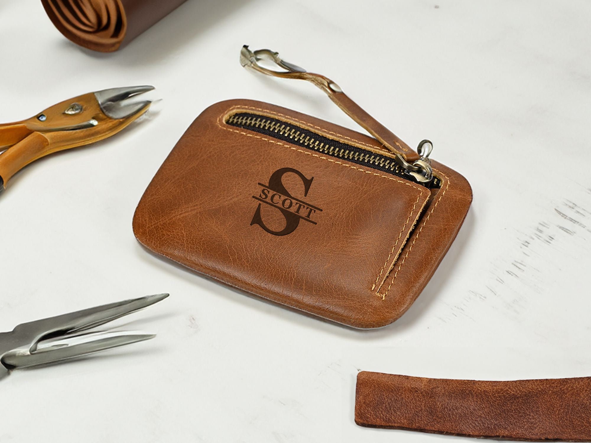 Personalized Leather Rosary Pouch: Zippered Coin Purse, Religious Gift