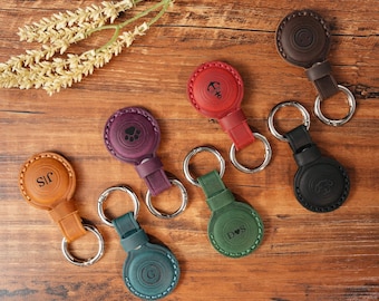 Personalized Leather AirTag Keychain Holder - Handmade Key Ring Case