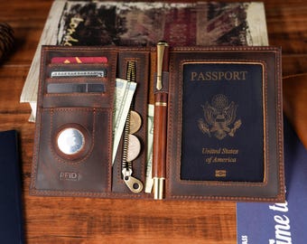 Leather AirTag Passport Holder, RFID Blocking Travel Wallet, Personalized Cover