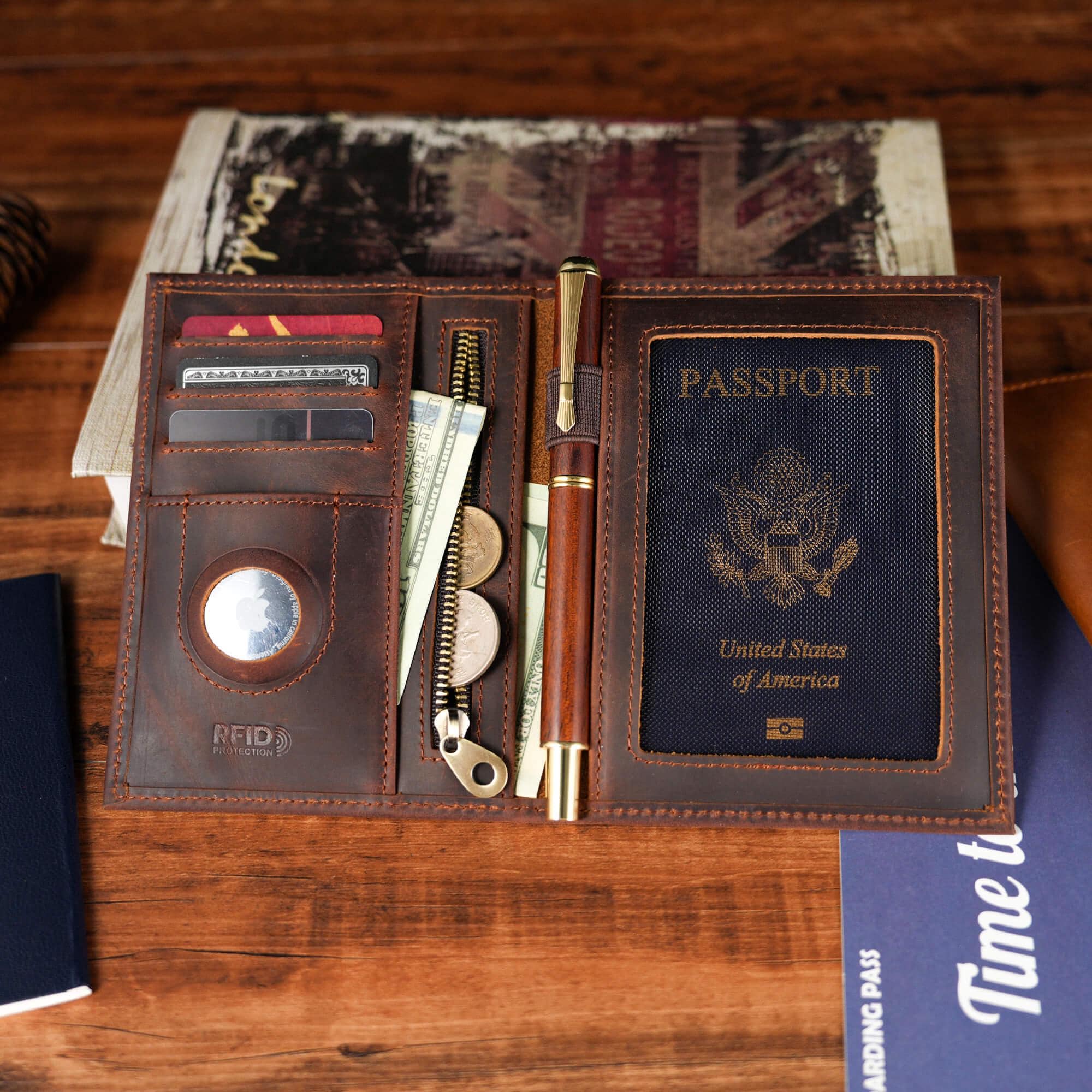Leather AirTag Passport Holder, RFID Blocking Travel Wallet, Personalized Cover