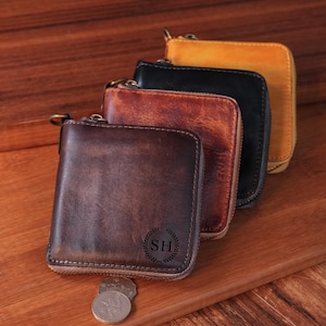 Cartera con cremallera de piel plena flor personalizada – Tarjetero minimalista y delgado, para él y para ella.