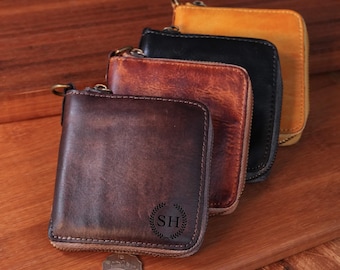 Personalized Full-Grain Leather Zip Wallet – Slim Minimalist Card Holder, For Him Her