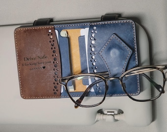 Personalized Vegetable-Tanned Leather Car Visor Organizer with Sunglasses Holder and Detachable Wallet