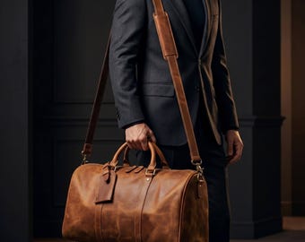 Personalized Full-Grain Leather Weekender Bag, Men's Travel Duffle with Shoe Compartment