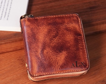 Personalized Full-Grain Leather Zip Wallet – Slim Minimalist Card Holder