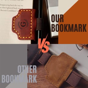 May include: The image contrasts two leather bookmarks. One is a reddish-brown with a stitched border and a logo. The other is a lighter brown. The text "OUR BOOKMARK" and "OTHER BOOKMARK" are displayed.
