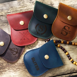 Leather Rosary Pouch, Personalized Small Earphone Case, Gifts For Grandma, Mothers Day Gift, Leather Coin Pouch