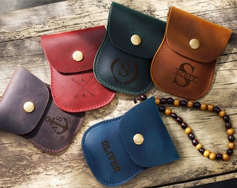 Leather Rosary Pouch, Personalized Small Earphone Case, Gifts For Grandma, Mothers Day Gift, Leather Coin Pouch